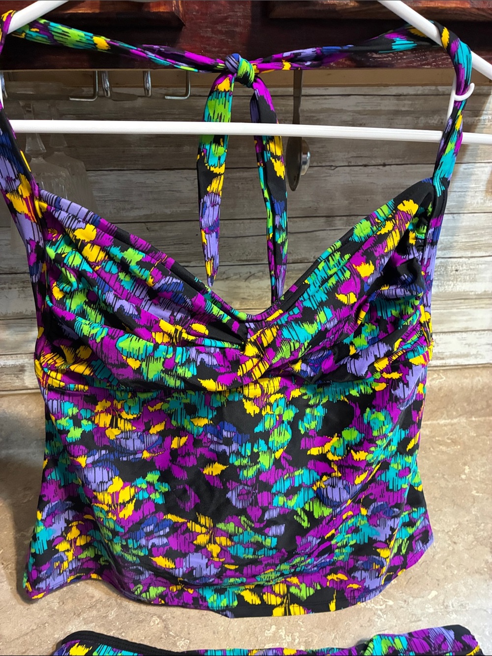 Allen B Vibrant Floral Tankini Set in Purple, Teal & Yellow Top- 12 Bottom- 10 - Picture 2 of 14